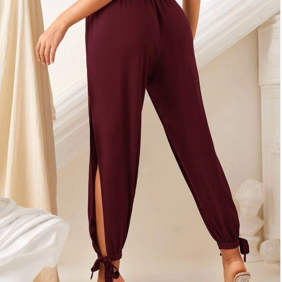 NWOT SHEIN High Split Side Knot Hem Pants Size M Maroon Color - Picture 1 of 11